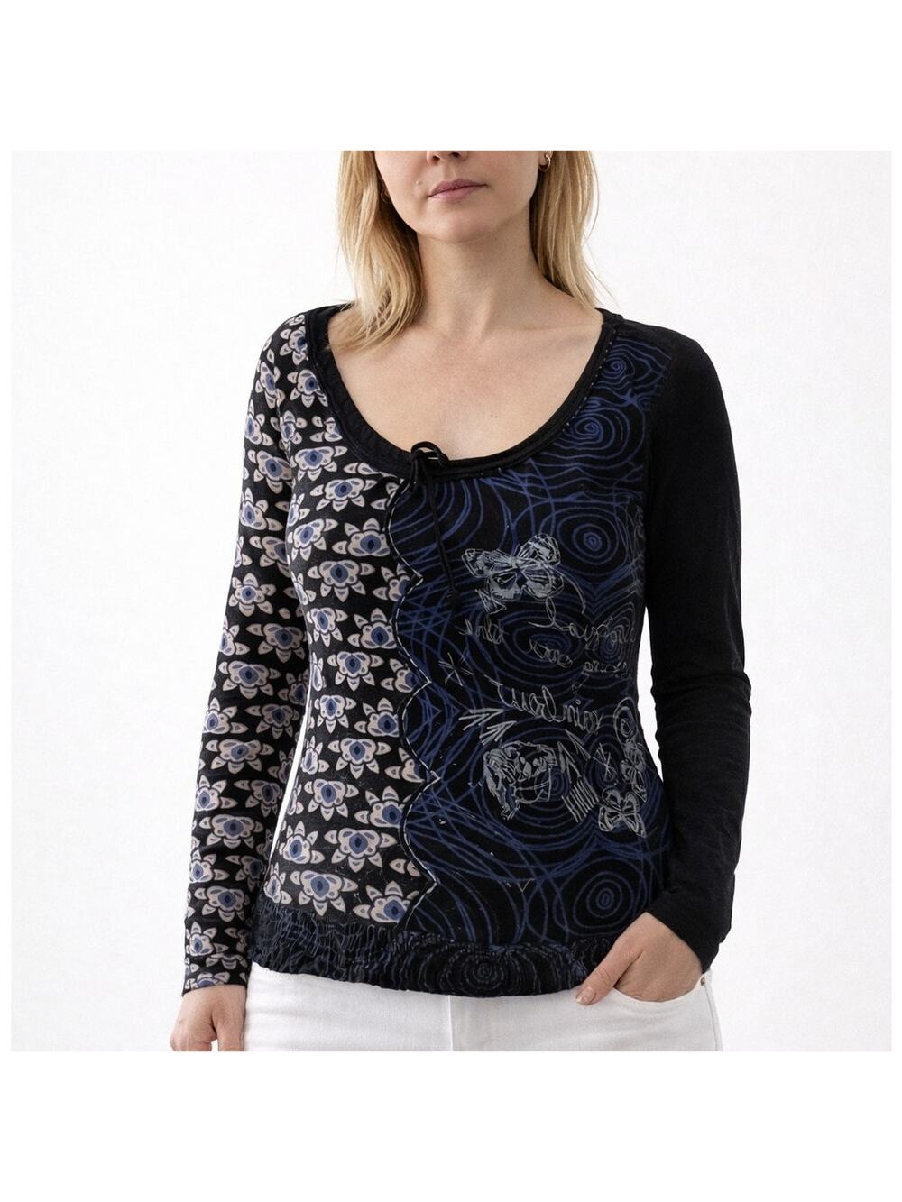 Desigual Women's Black Blue Floral Butterfly Long Sleeve Top T-Shirt M